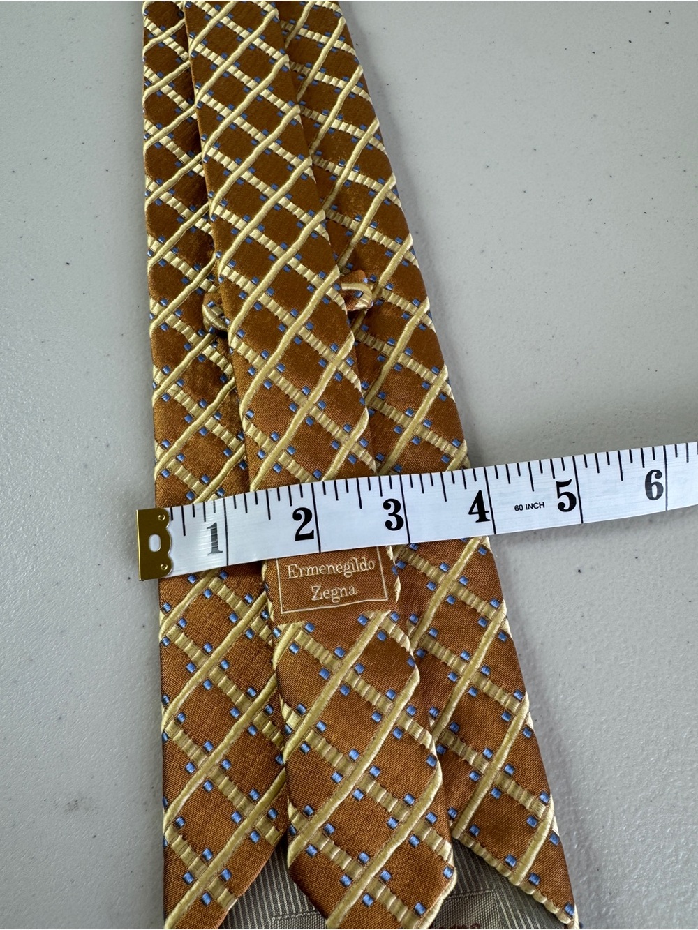 Ermenegildo Zegna Silk Necktie Gold Geometric Grid Luxury Designer Tie Classic - Picture 6 of 12